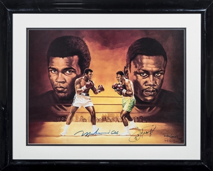 Muhammad Ali & Joe Frazier Dual Signed Litho by Artist Ron Lewis In 23x17 Framed Display - 217/300 (JSA)